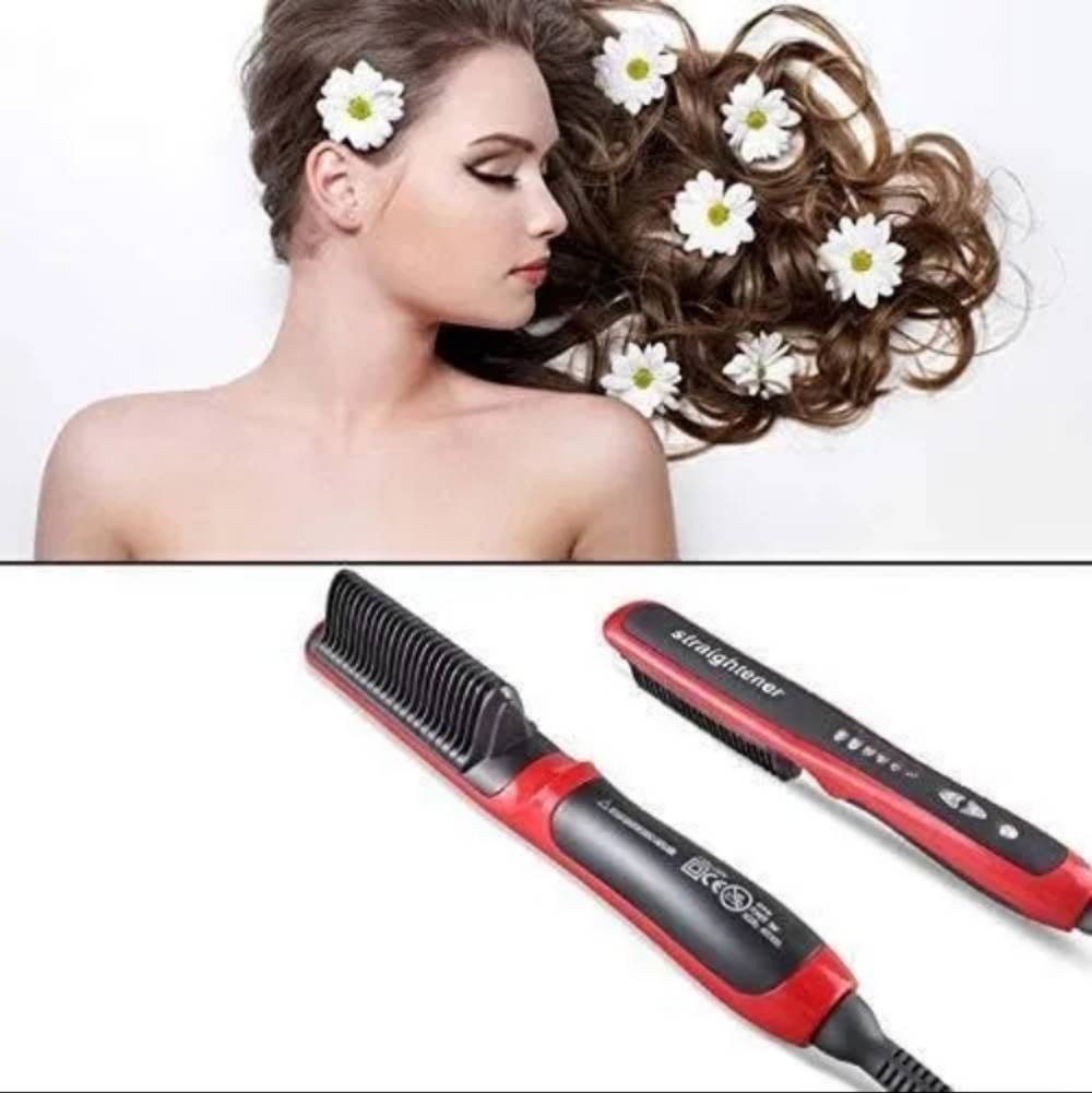 Electric (Red) Hair Straightener Brush 6 Heat Settings Ceramic Plate Beard Care
